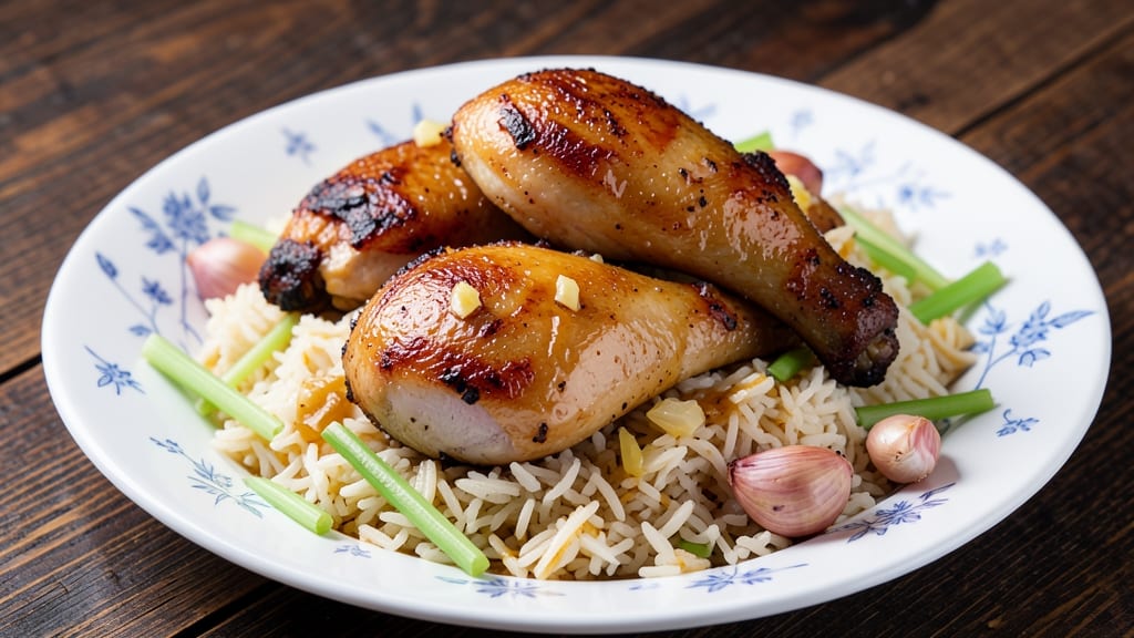 Chicken Over Rice New York Recipe: Crispy Celery Crowns on Fragrant Jasmine Rice