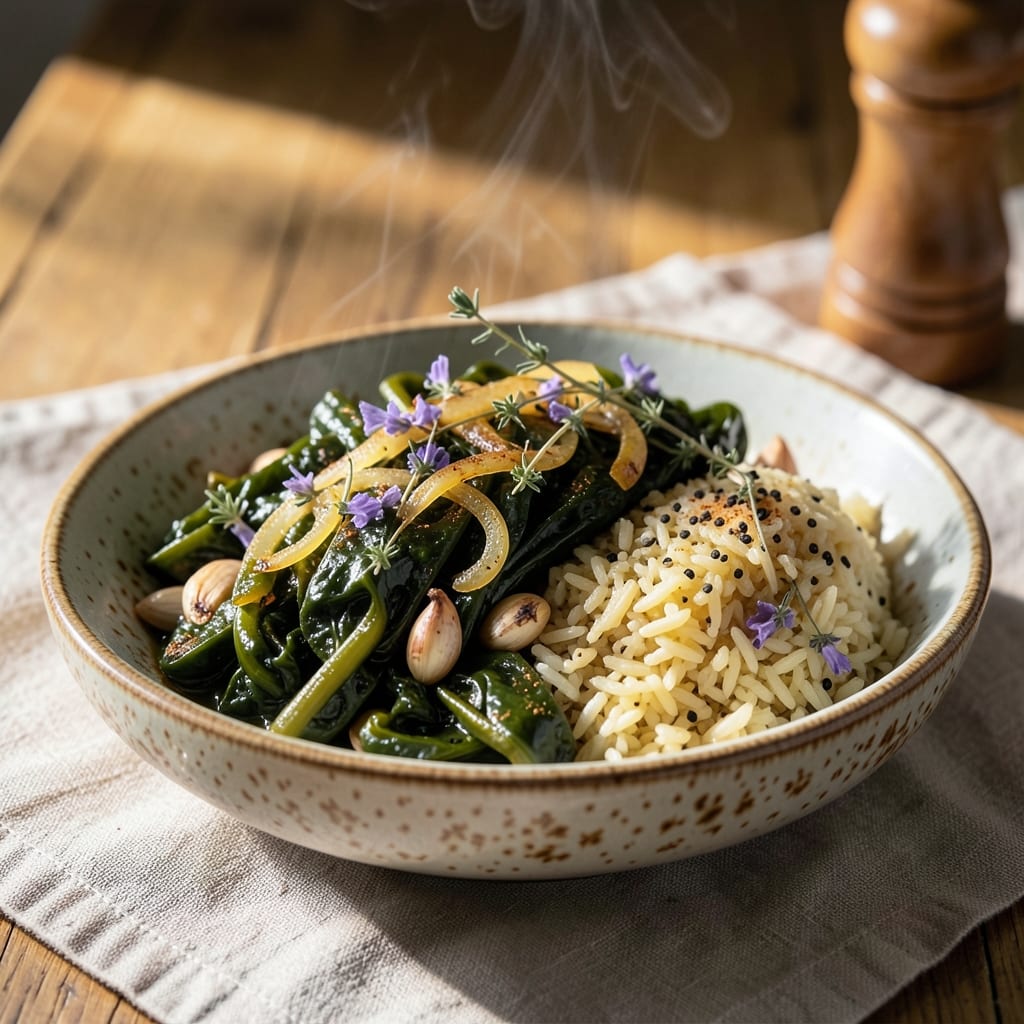 African Collard Greens and Rice Recipe: Smoky Tomato-Braised Greens with Toasted Spice Rice
