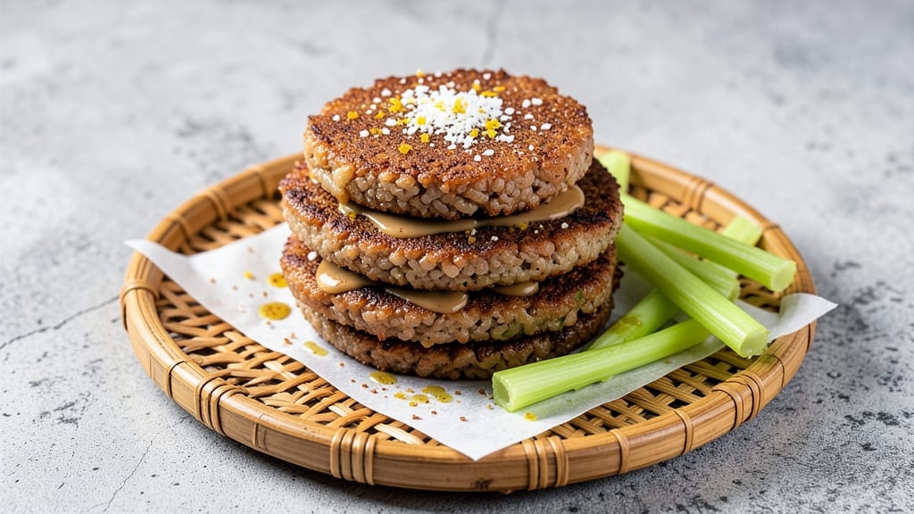 Brown Rice Cakes Recipe Healthy: Crispy Celery Crowns Over Nutty Five-Spice Rice