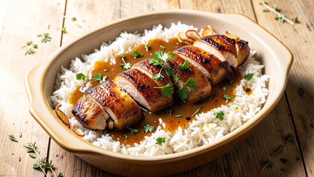 Chicken Rice Gravy Casserole Recipe: Crispy Celery Crowns Over Creamy Gravy Rice