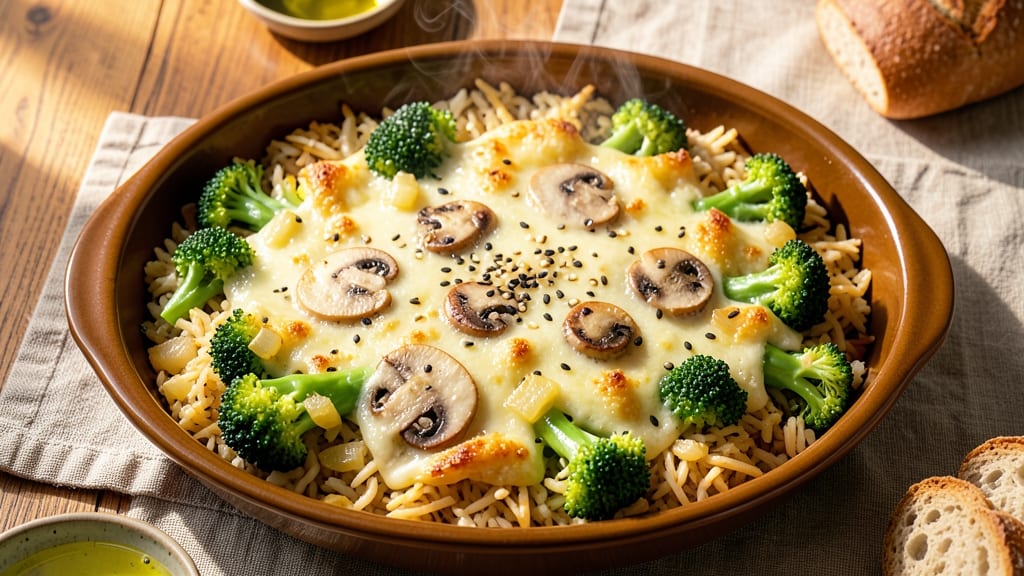 Broccoli Rice Mushroom Casserole Recipe: Cheesy Mushroom Layers Baked to Golden Bubbles