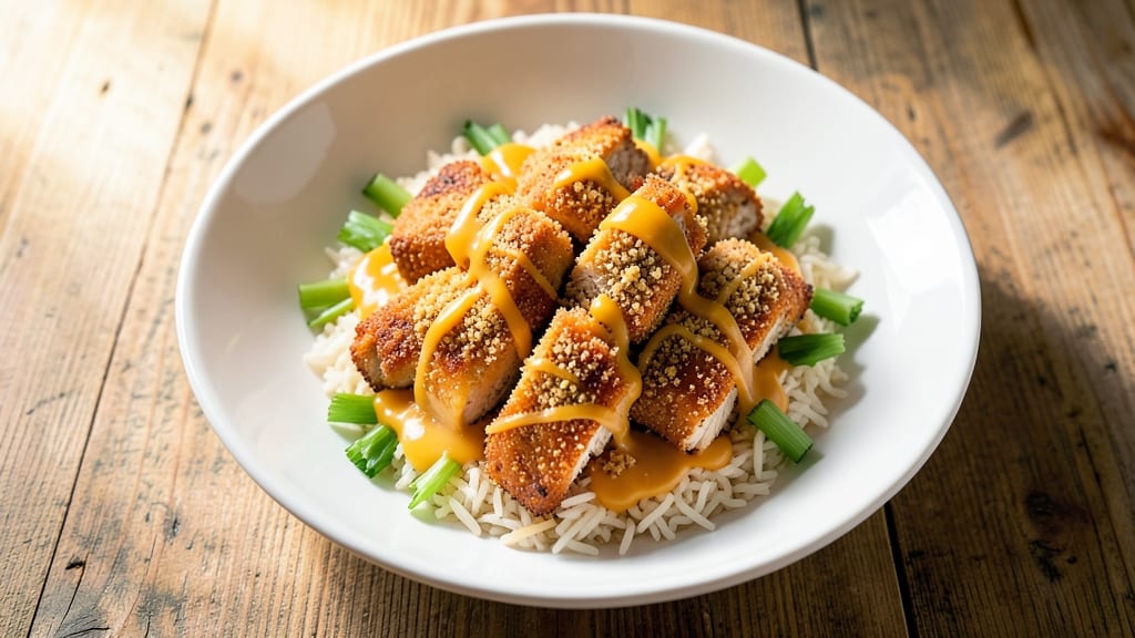 Cheesy Chicken Rice Bowl Recipe: Crispy Celery Crowns Over Melty Cheddar Rice