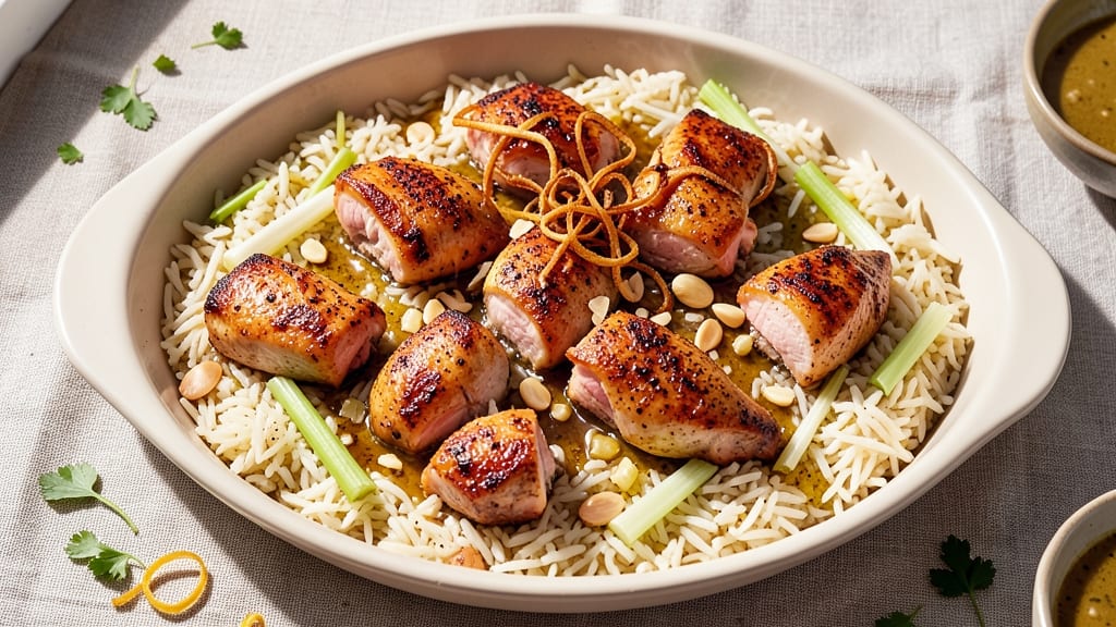 Chicken and Basmati Rice Casserole Recipe: Crispy Celery Crowns Over Fragrant Five-Spice Rice