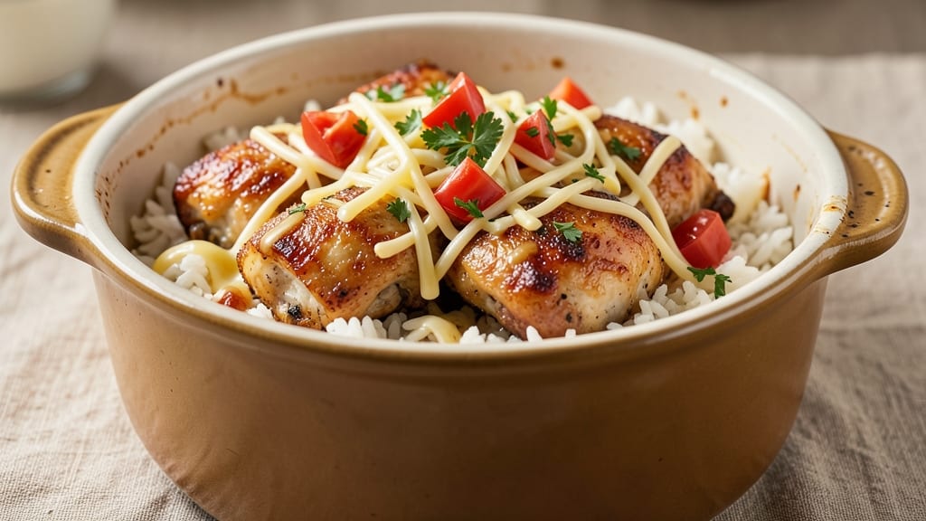 Chicken, Cheese, and Rice Crockpot Recipe: Melty Cheese Layer Over Fluffy Rice