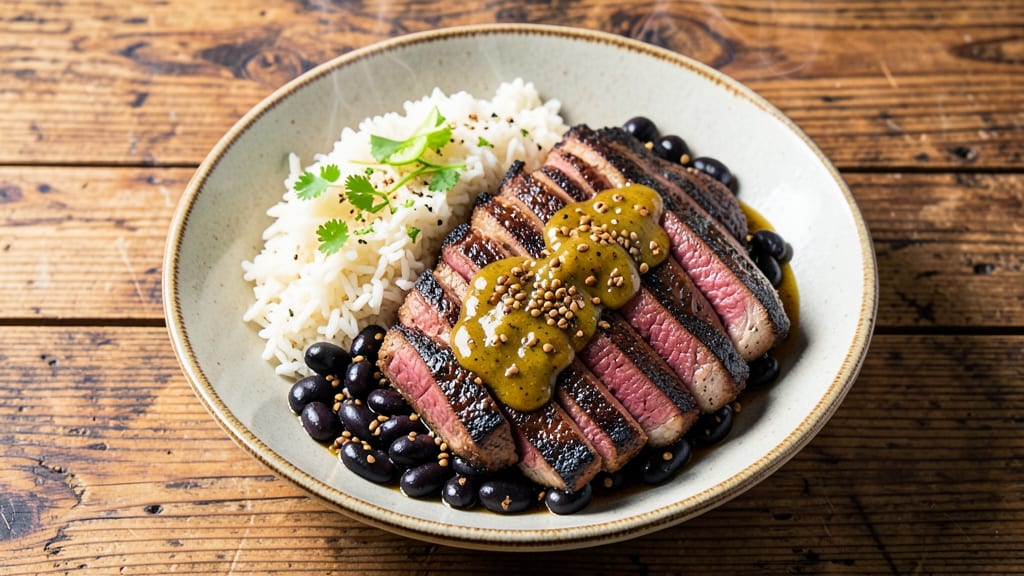 Carne Asada With Rice and Beans Recipe: Charred Lime-Marinated Steak Over Cilantro-Creamed Beans