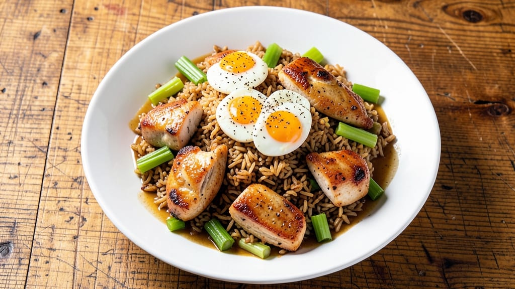 Chicken Fried Brown Rice Recipe: Crispy Celery Crowns Over Savory Spiced Rice