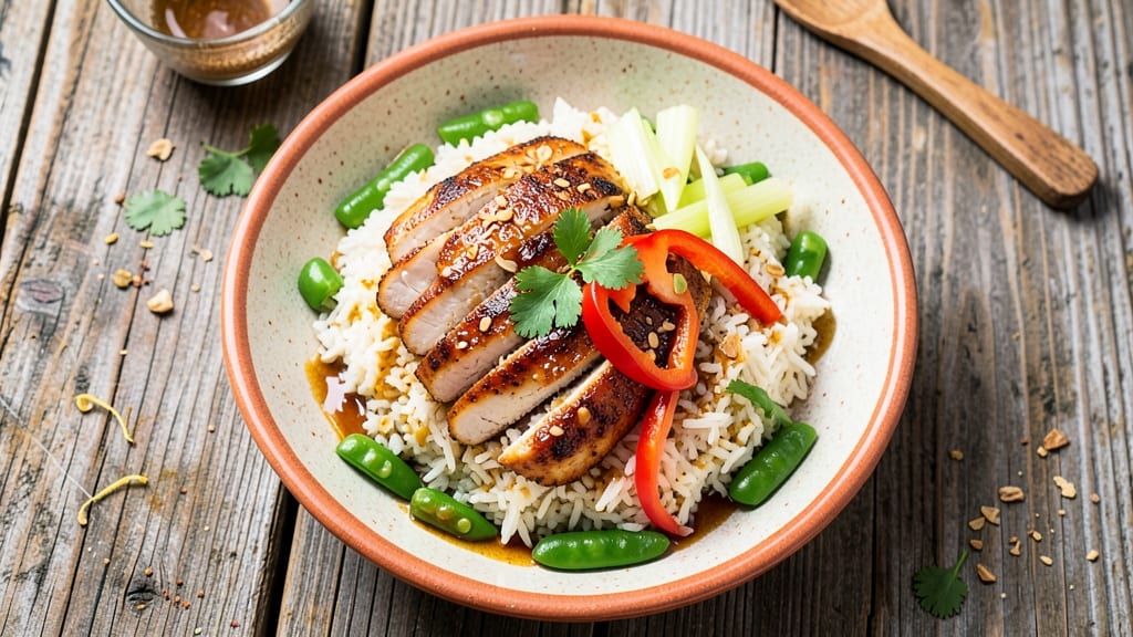 Chicken Veggie Rice Bowl Recipe: Crispy Celery Crowns Over Savory Five-Spice Jasmine