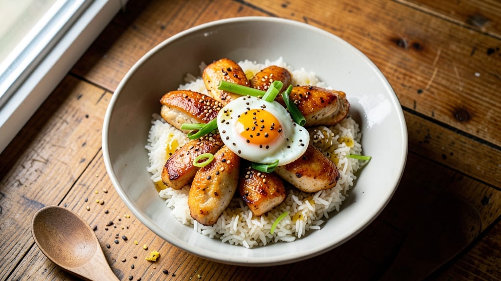 Chicken, Egg, and Rice Bowl Recipe: Crispy Celery Crowns Meet Silky Eggs Over Fragrant Jasmine