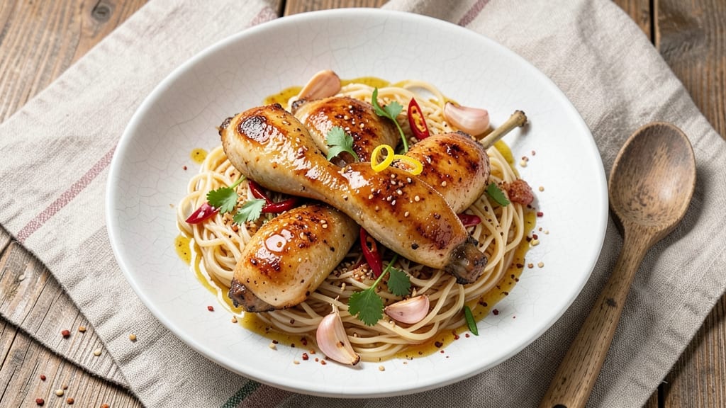 Chicken Thigh and Rice Noodle Recipe: Smoky Garlic Crunch Over Silky Noodles