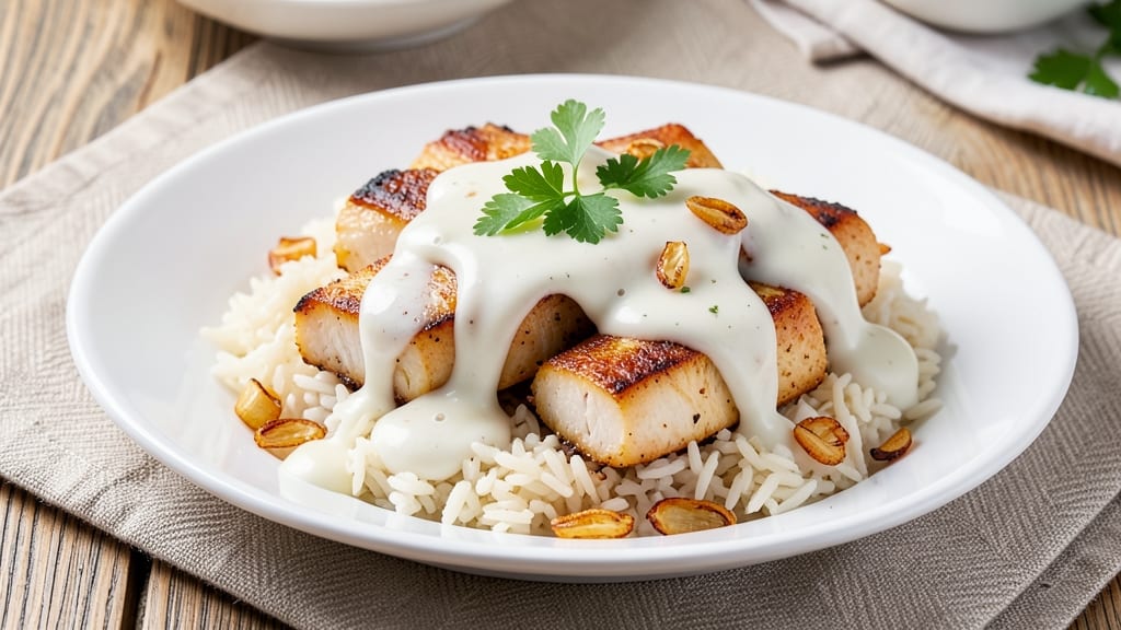 Chicken and Rice White Sauce Recipe: Silky Creamy Blanket Over Fluffy Grains