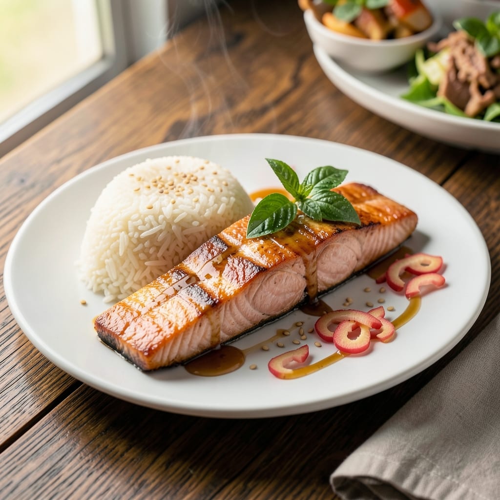 Asian Salmon And Rice Recipe: Ginger-Soy Glaze Over Fragrant Jasmine Rice