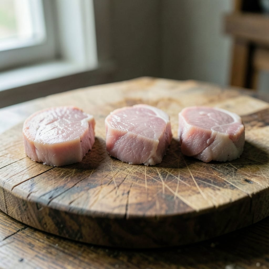 Three chops of different thickness, ready to be tested