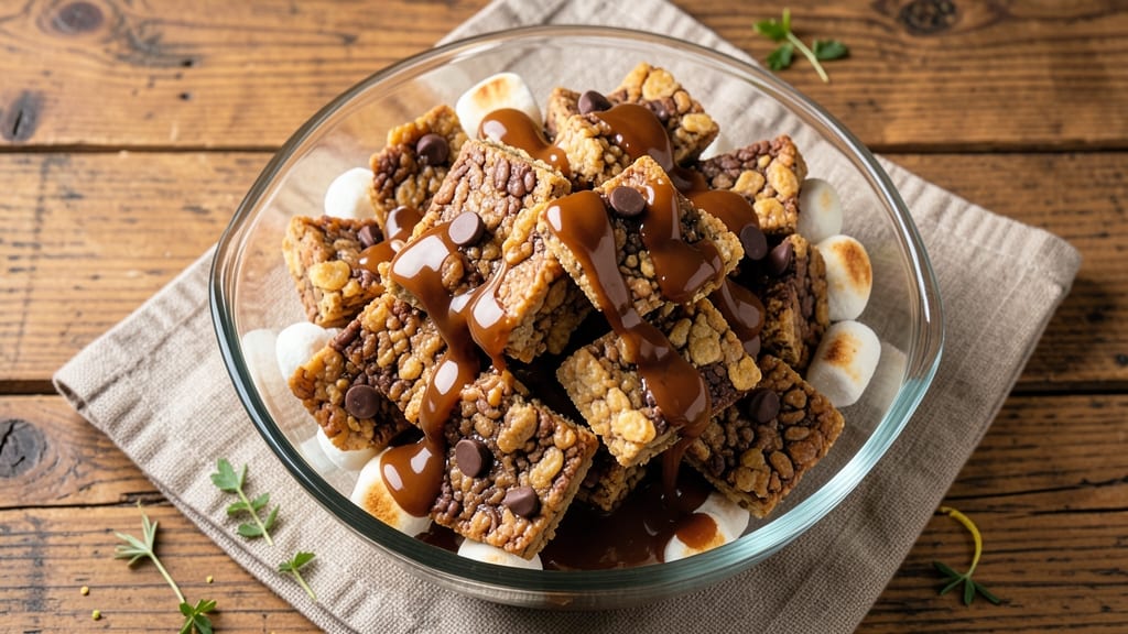 Chocolate Caramel Rice Krispie Treats Recipe: Fudgy Bars with Gooey Caramel Swirls