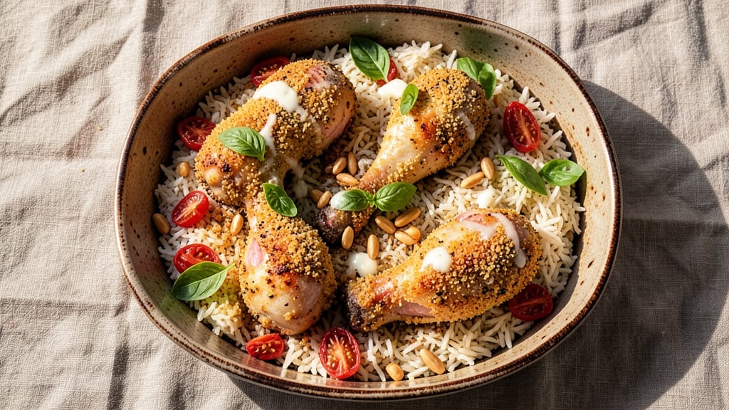 Chicken Drumsticks and Rice Bake Recipe: Crispy Breadcrumbs Seal in Juicy Meat