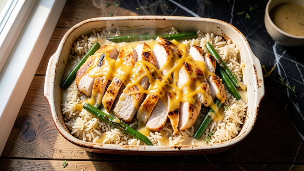 Chicken Rice and Green Bean Casserole Recipe: Crispy Top, Creamy Cheese Harmony