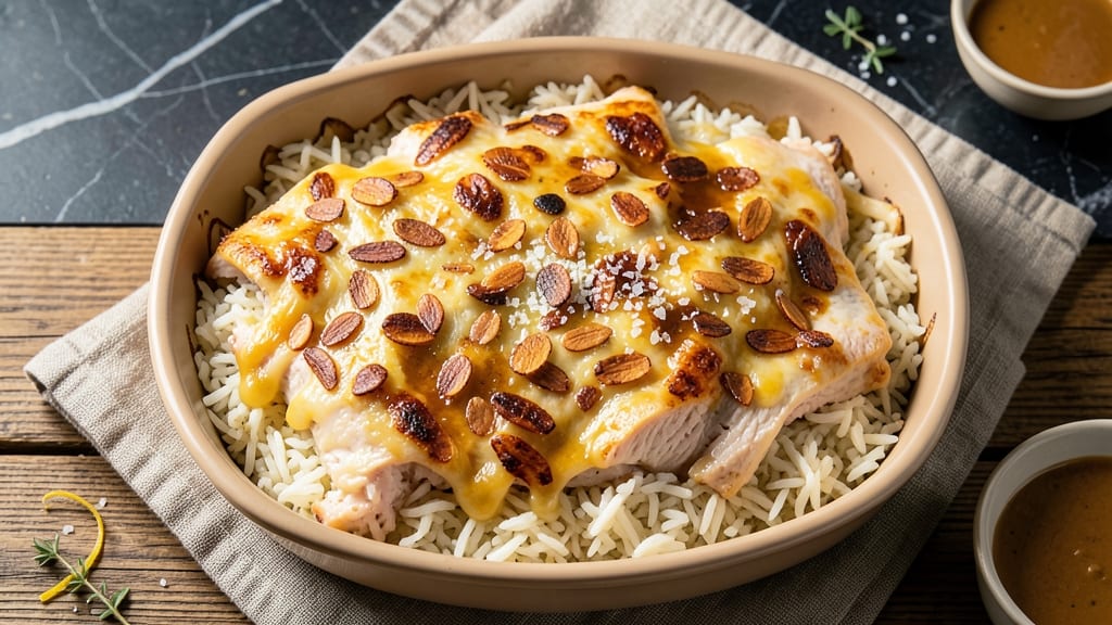 Chicken Rice and Almonds Casserole Recipe: Crispy Top, Creamy Cheese Fusion