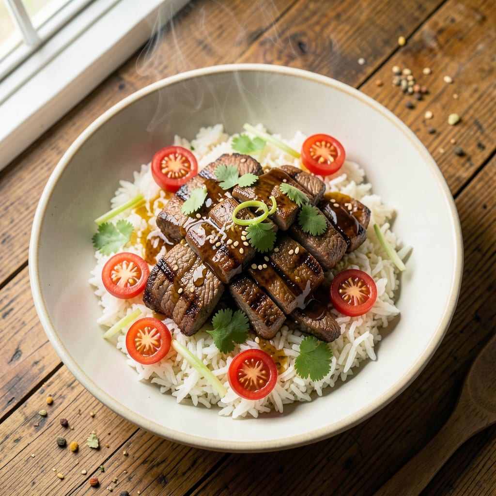 Asian Beef and Rice Bowl Recipe: Wok-Seared Beef Over Fragrant Jasmine Rice