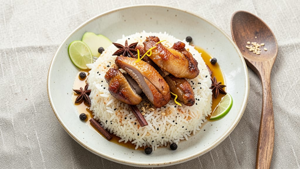Chiayi Chicken Rice Recipe: Five-Spice Marinated Chicken Over Herbed Jasmine Rice