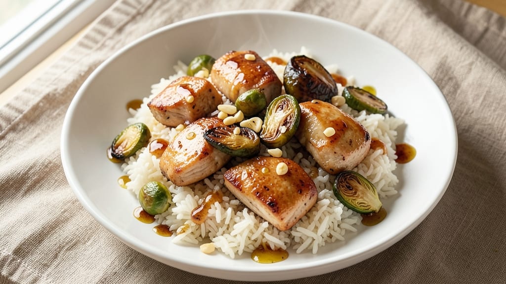 Chicken Brussels Sprouts and Rice Recipe: Crispy Sprouts Over Garlicky Jasmine Rice